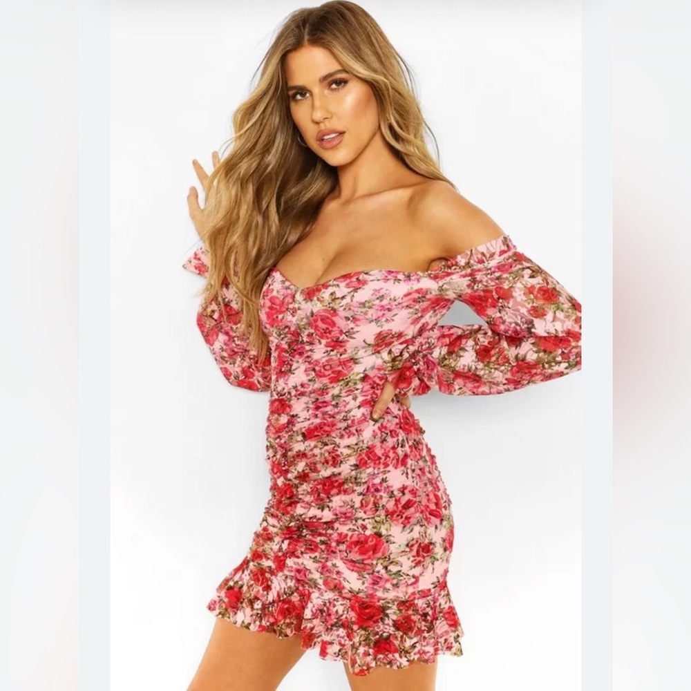 Mesh Off Shoulder Boohoo Floral Roses Ruched Mini Dress 6